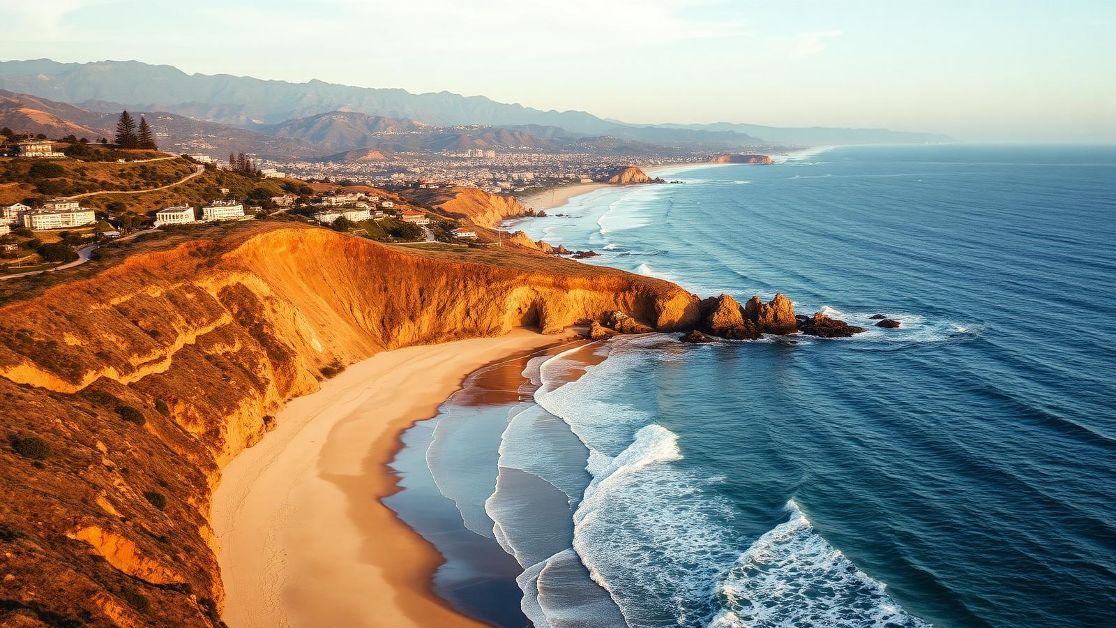 Pacific Palisades coastline — beach, bluffs and Santa Monica mountains
